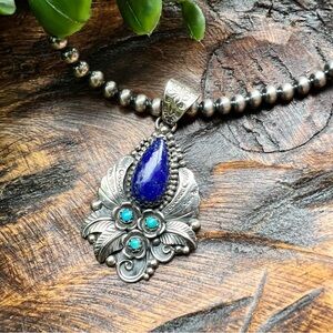 925 Sterling Silver Statement Pendant • Lapis Lazuli & Turquoise • Southwestern